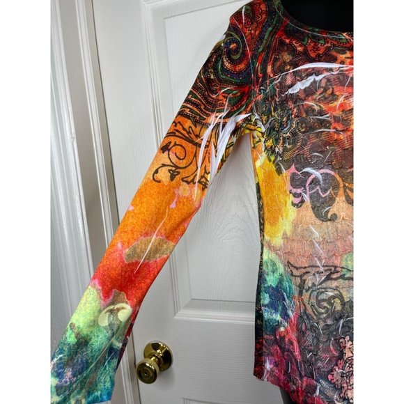 NY Collection Top Womens Size Large L Long Sleeve Orange Colorful Ruffle Stretch - Picture 6 of 8